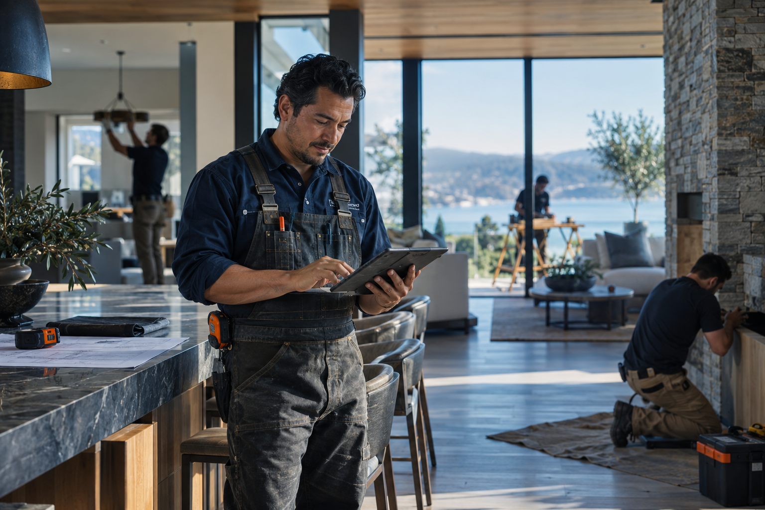 A property-service professional reviewing a clear job request while his crew works