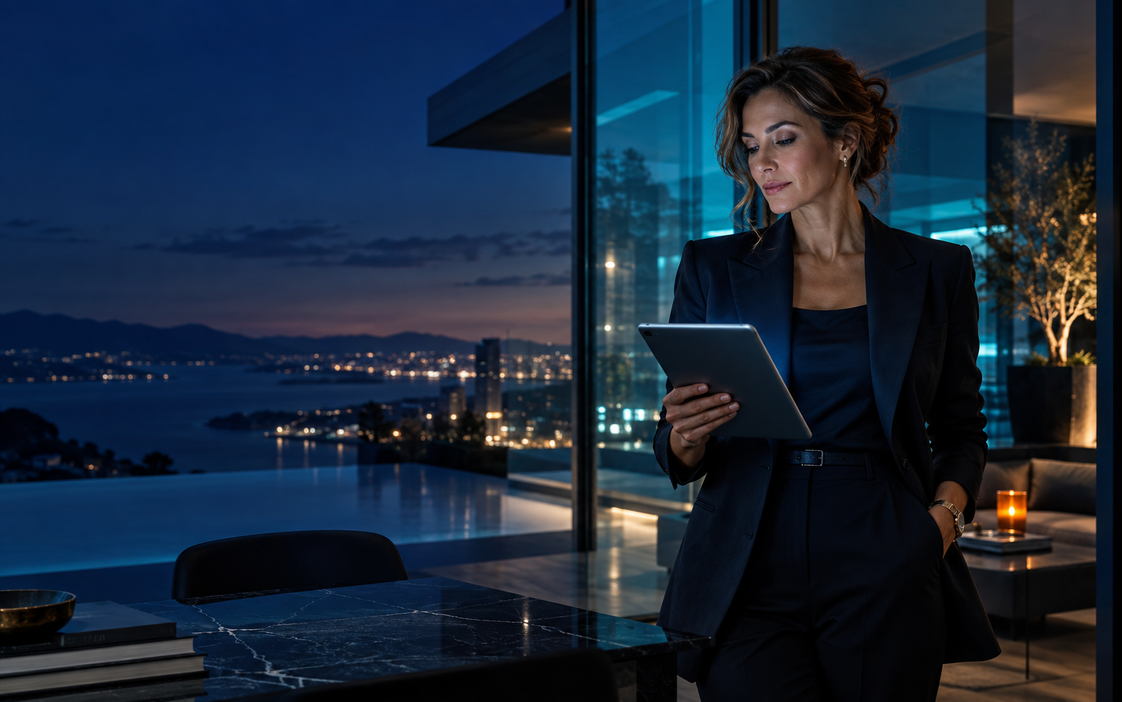 A property professional reviewing her work from a refined modern space at blue hour