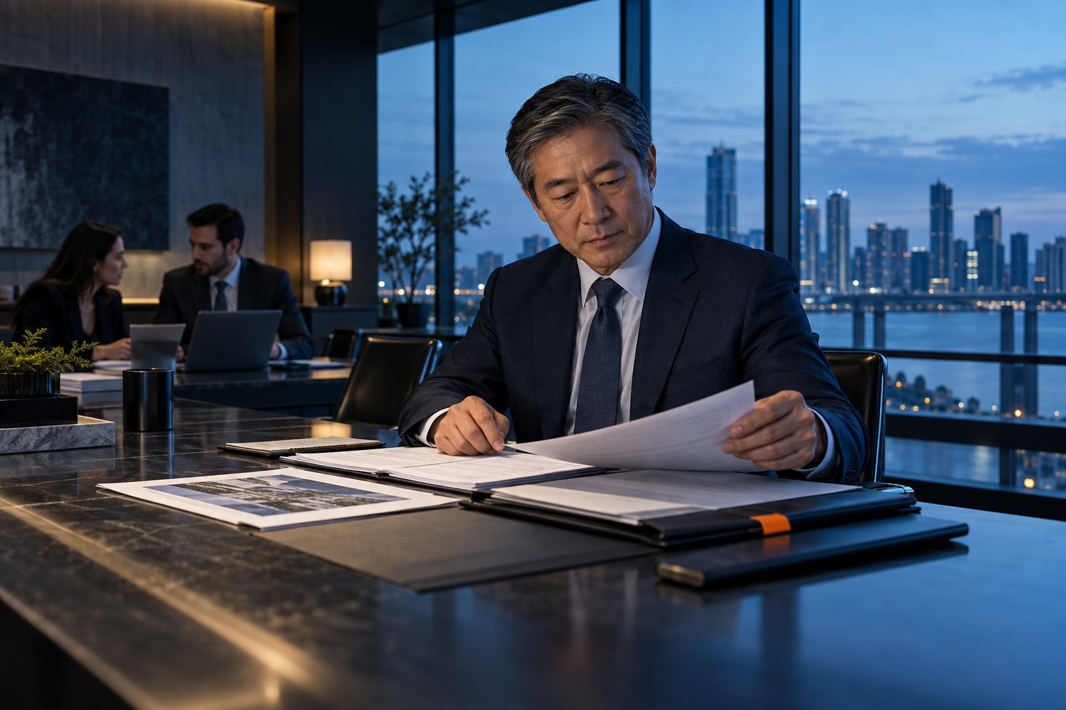 A title professional preparing closing documents with calm precision